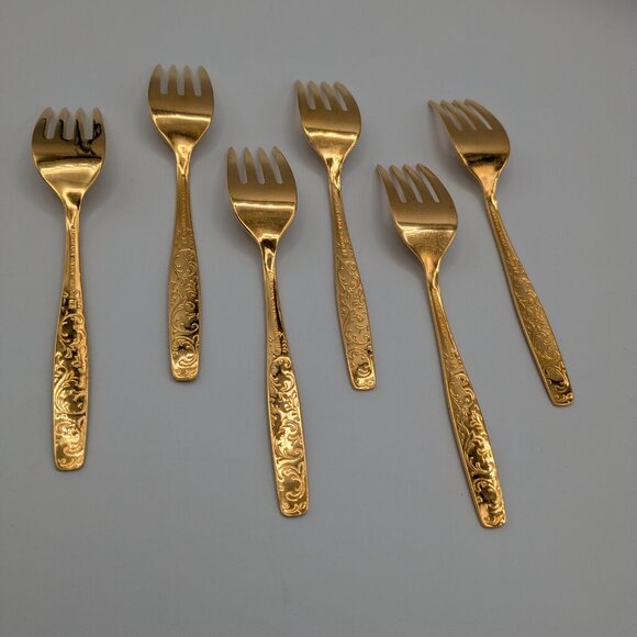 Americana Golden Heritage Flatware Golden Scroll 6 Salad/Dessert Forks 6" - Picture 3 of 10